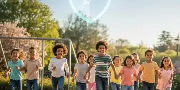 Happy children playing outdoors, symbolizing health and protection through pediatric vaccinations.