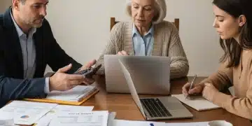 Family discussing caregiving financial planning for 2026 with documents and laptop