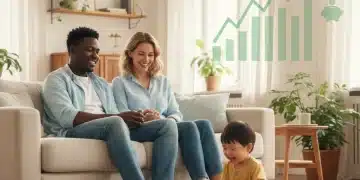 Happy family managing childcare budget effectively, children playing