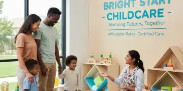 Family smiling with childcare provider in modern facility