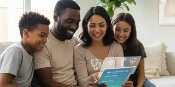 Happy family reviewing 2026 health insurance options on a tablet