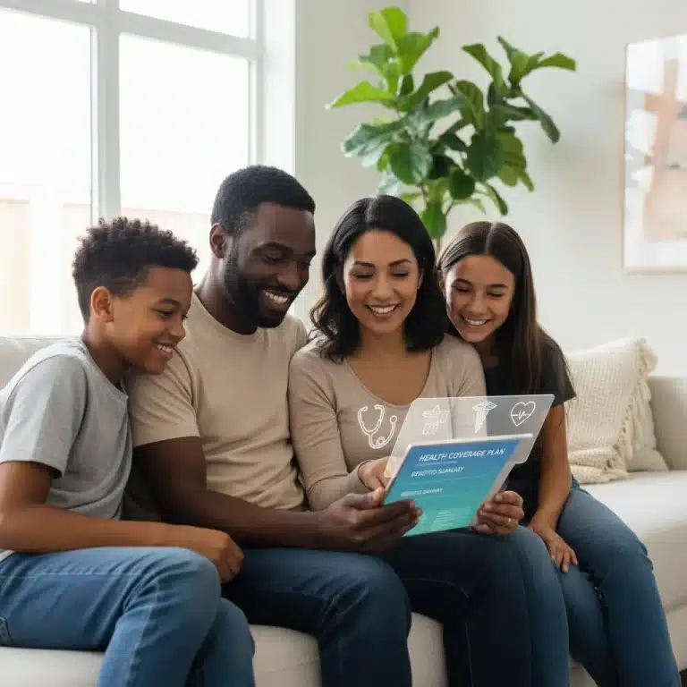 Happy family reviewing 2026 health insurance options on a tablet