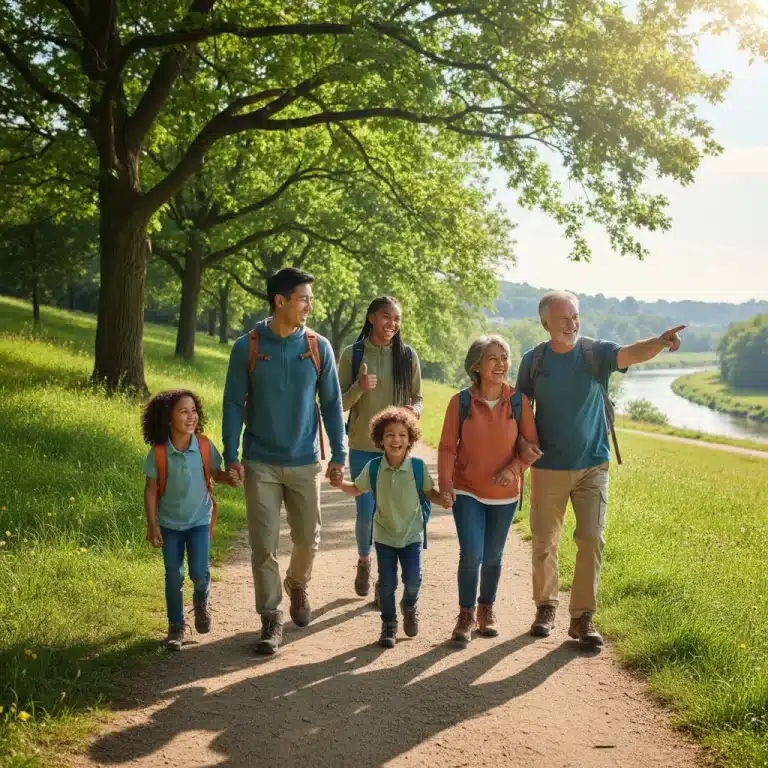 Happy diverse family enjoying an outdoor hike, symbolizing strong family immunity and wellness.