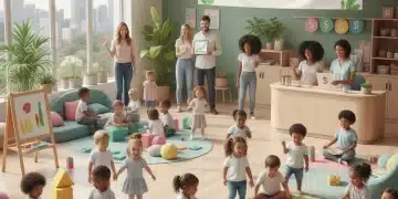 Happy children and parents in a modern federally funded childcare center, symbolizing financial support for families.