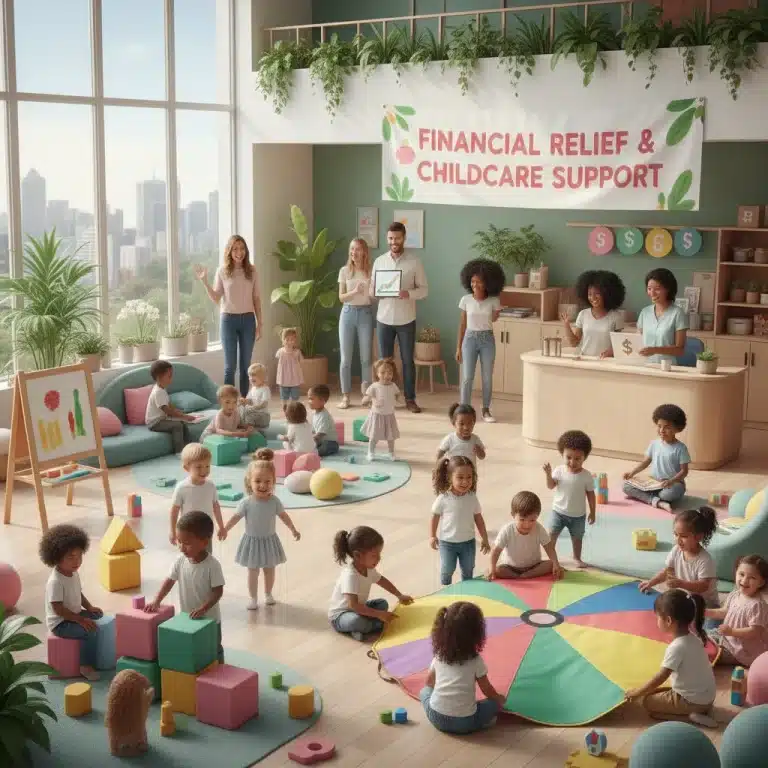 Happy children and parents in a modern federally funded childcare center, symbolizing financial support for families.