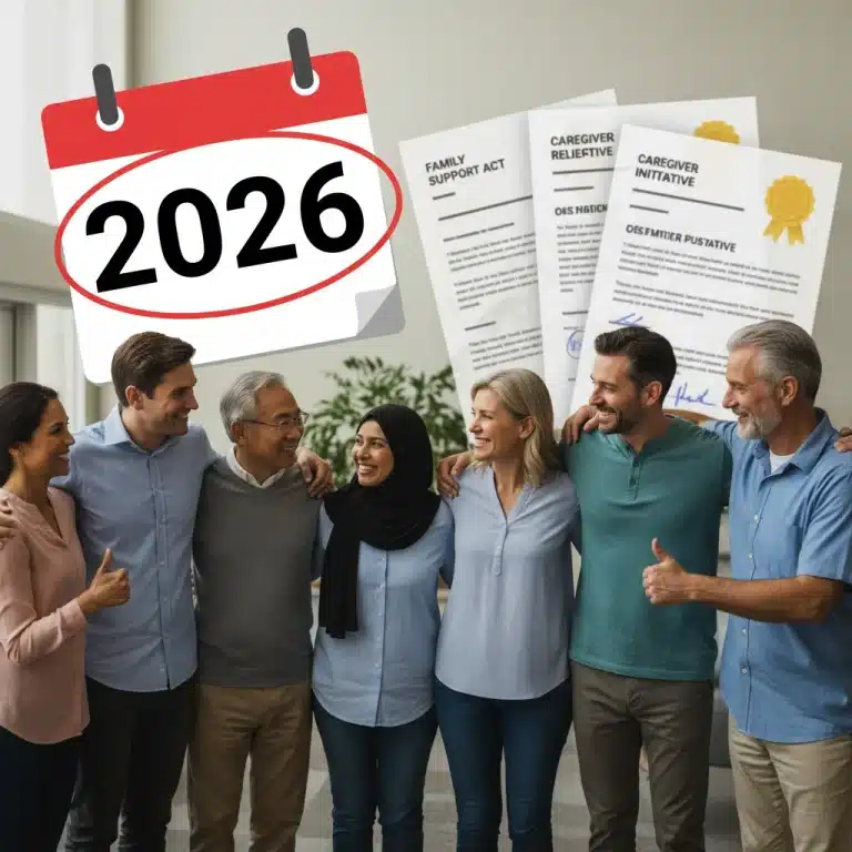 Diverse caregivers celebrating FMLA expansion 2026