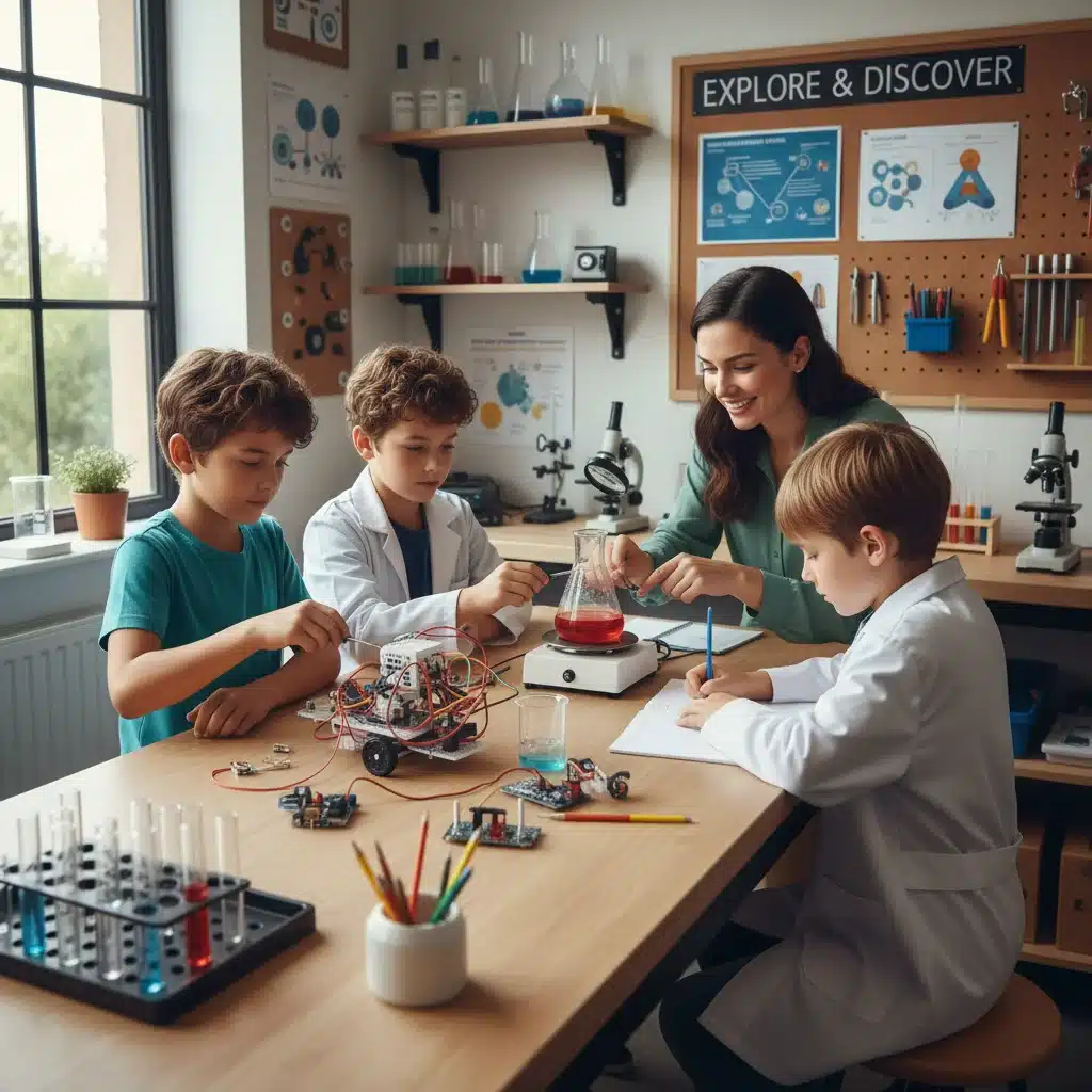 Children doing hands-on science experiment in a micro-school