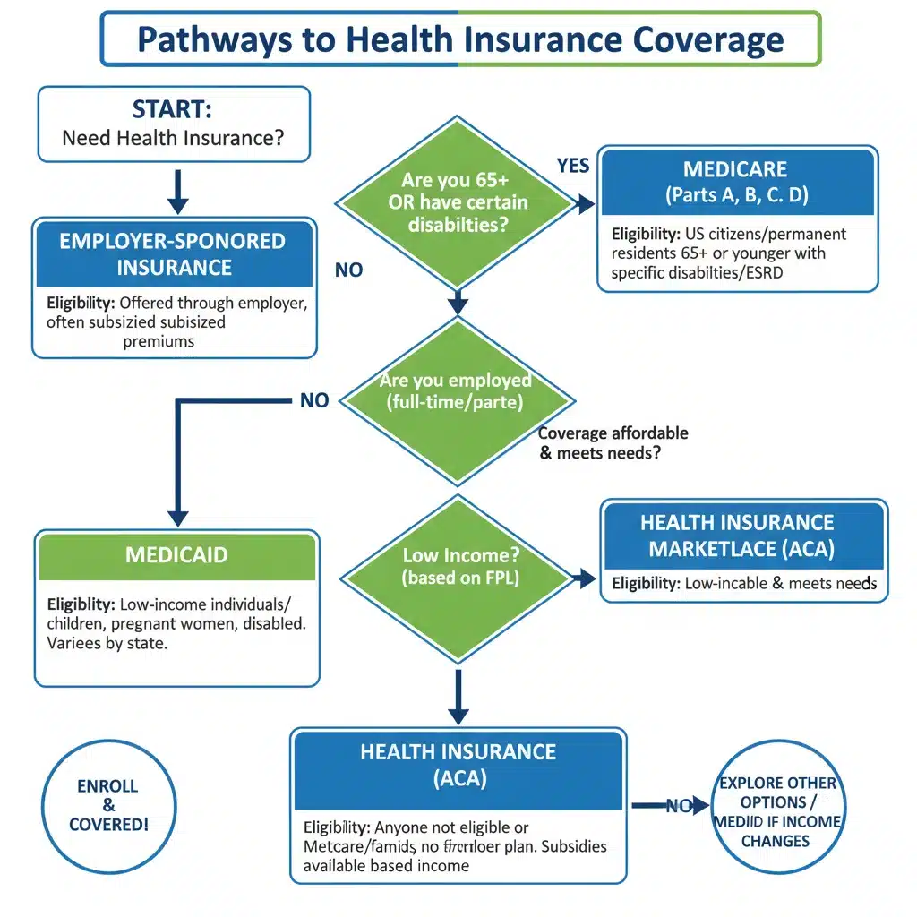 Infographic showing various health insurance coverage pathways and options
