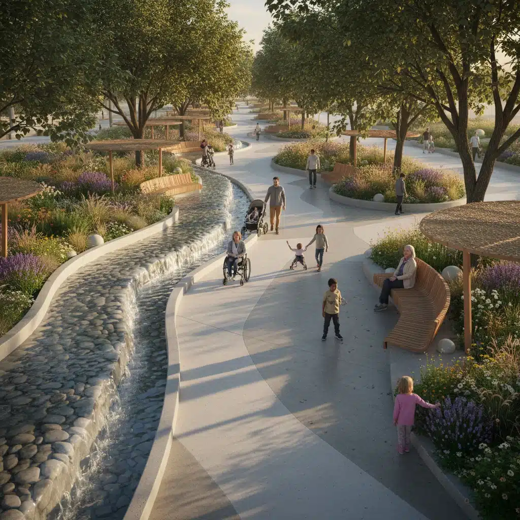 Modern public park with diverse sensory elements for inclusive community enjoyment.