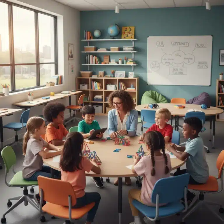 Children learning collaboratively in a modern micro-school setting