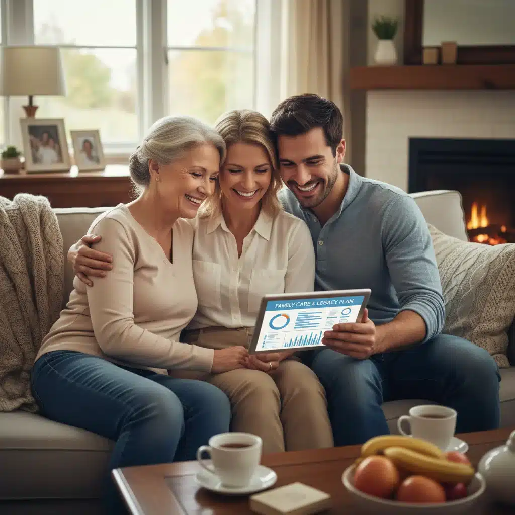 Multi-generational family reviewing care plan on tablet, showing peace of mind