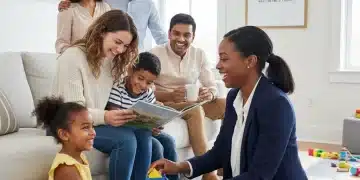 Family with nanny and au pair discussing childcare options