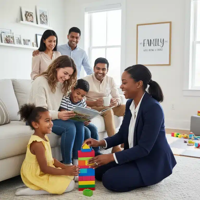 Family with nanny and au pair discussing childcare options