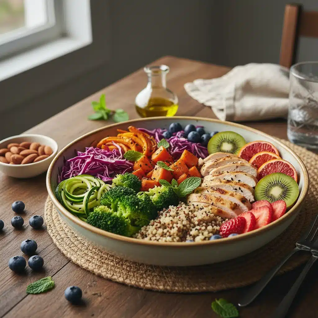 Colorful, balanced meal with fruits, vegetables, and lean protein, promoting healthy eating for immunity.