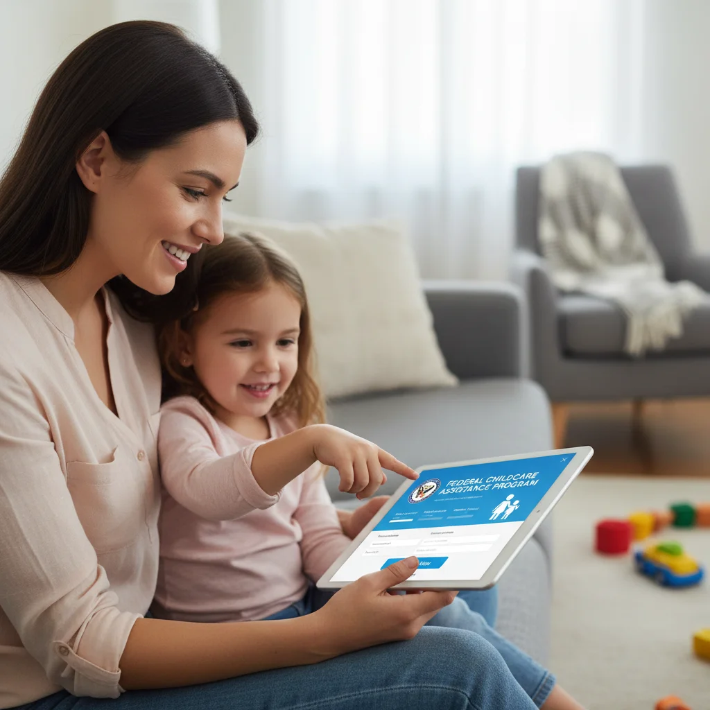 Parent using a tablet to apply for federally funded childcare benefits online.