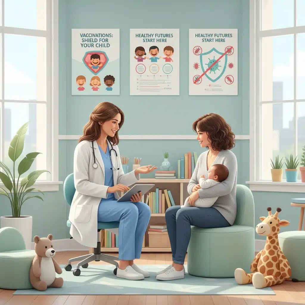 Pediatrician explaining vaccination schedule to a parent with a baby in a calm office.