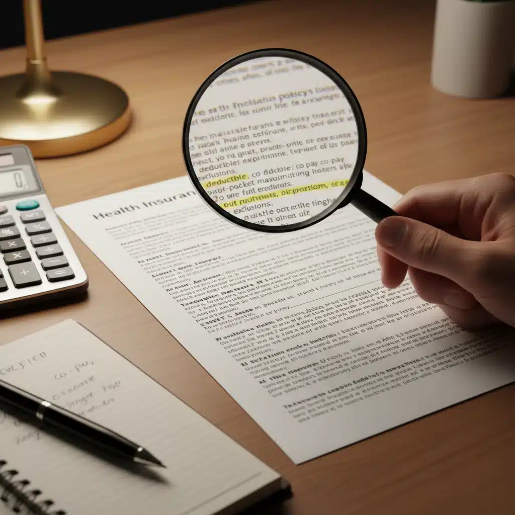 Detailed review of health insurance policy document with magnifying glass