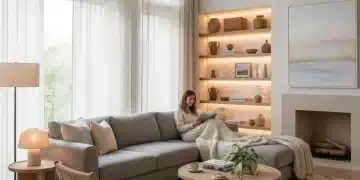 Serene living room designed with soft lighting and natural textures for sensory comfort.
