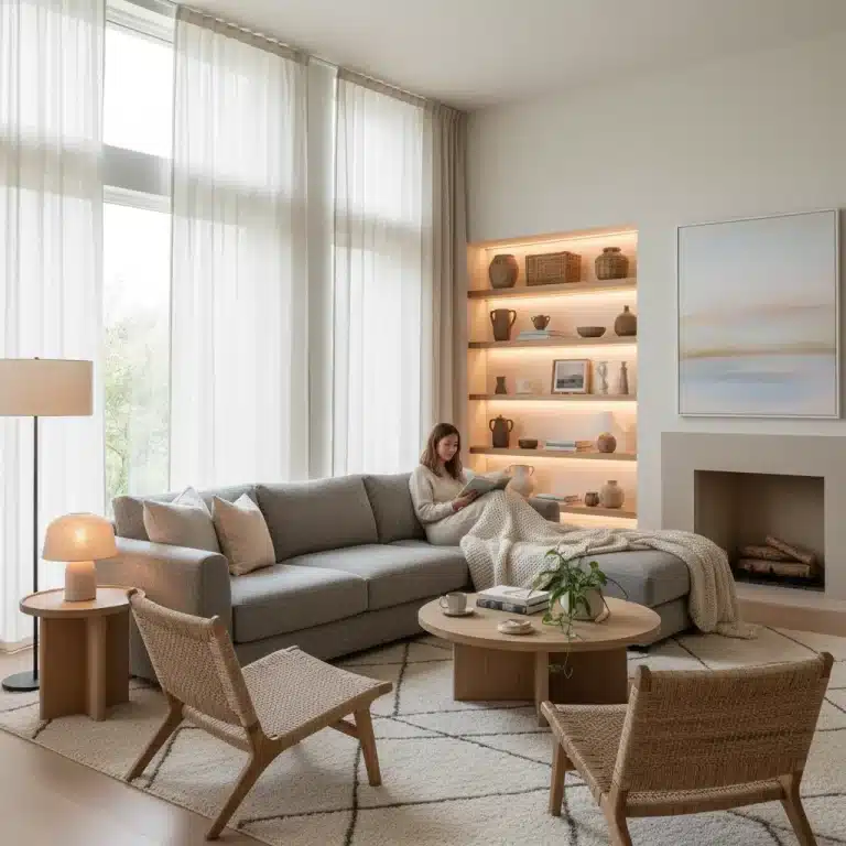 Serene living room designed with soft lighting and natural textures for sensory comfort.