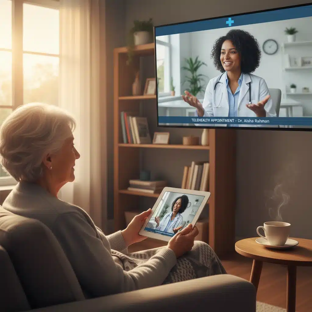 Telehealth consultation between doctor and elderly patient at home