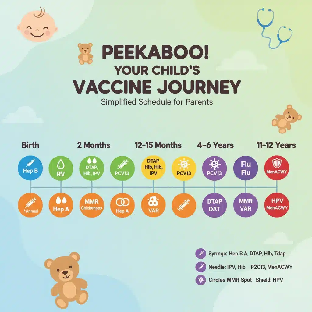 Infographic illustrating a simplified pediatric vaccination timeline by age.