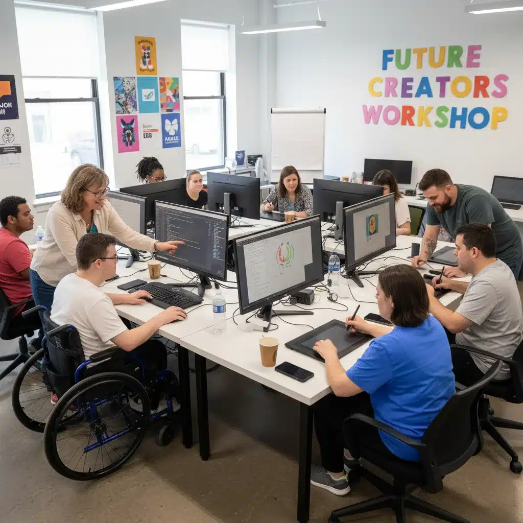Adults with special needs learning vocational skills in a supportive workshop environment.