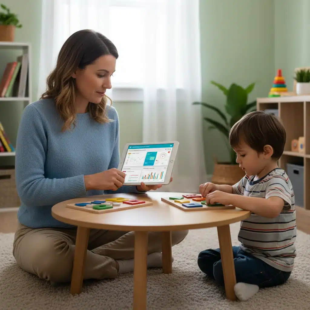 Therapist and child in an ABA session, using technology for personalized learning.