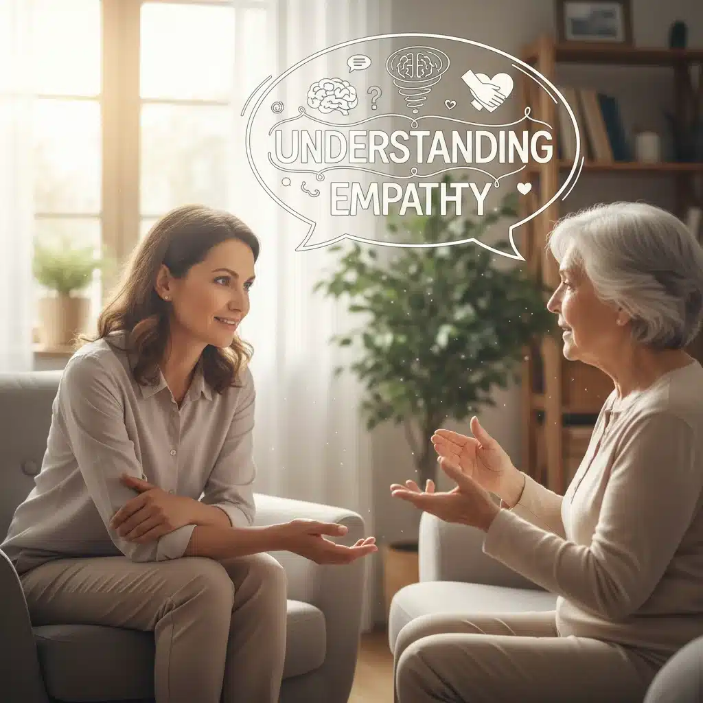 Caregiver actively listening to a care recipient, demonstrating empathy and engagement.