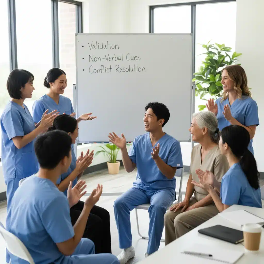 Caregivers role-playing communication techniques in a training session, focused on conflict resolution.