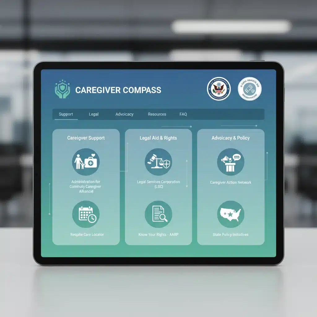Digital screen showing government and non-profit caregiver support websites.
