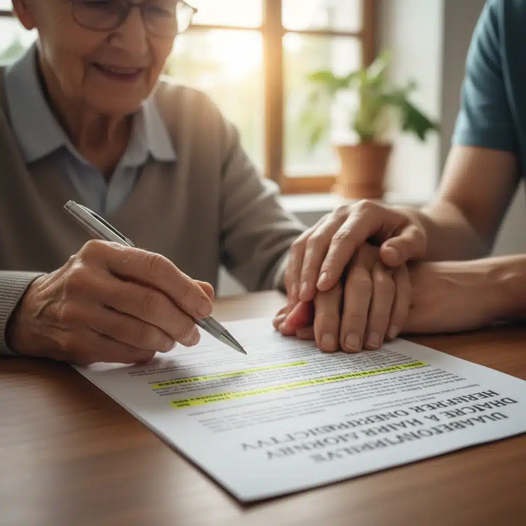 Caregiver and elderly person's hands reviewing legal rights document.