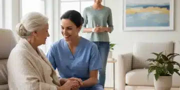 Caregiver assisting senior woman, symbolizing respite and relief