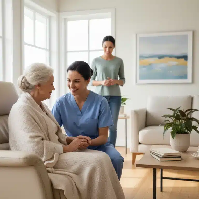 Caregiver assisting senior woman, symbolizing respite and relief