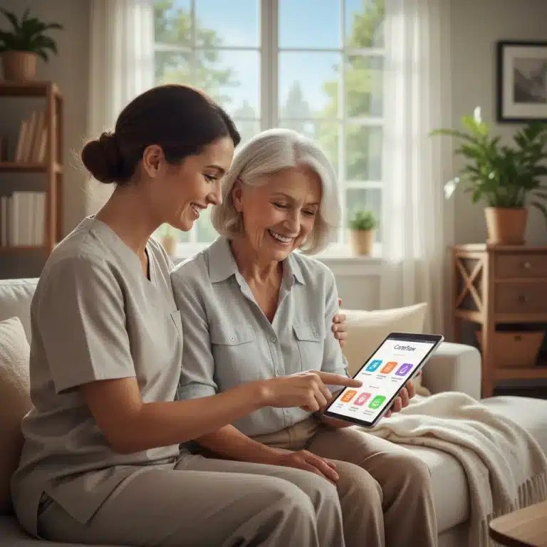 Caregiver and senior using a tablet for care management