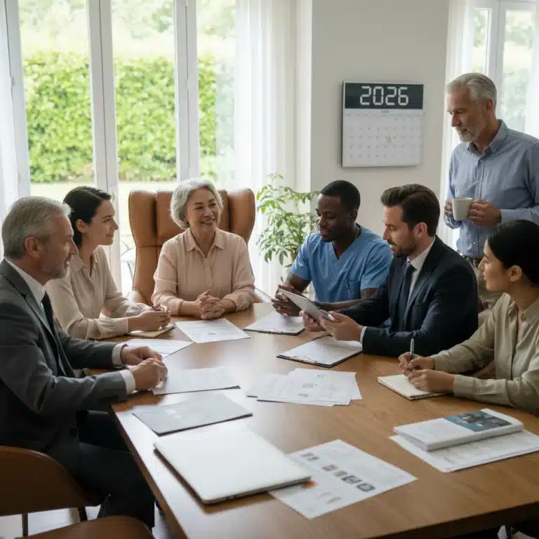 Diverse caregivers reviewing legal documents in a supportive home environment, symbolizing 2026 legal protections.