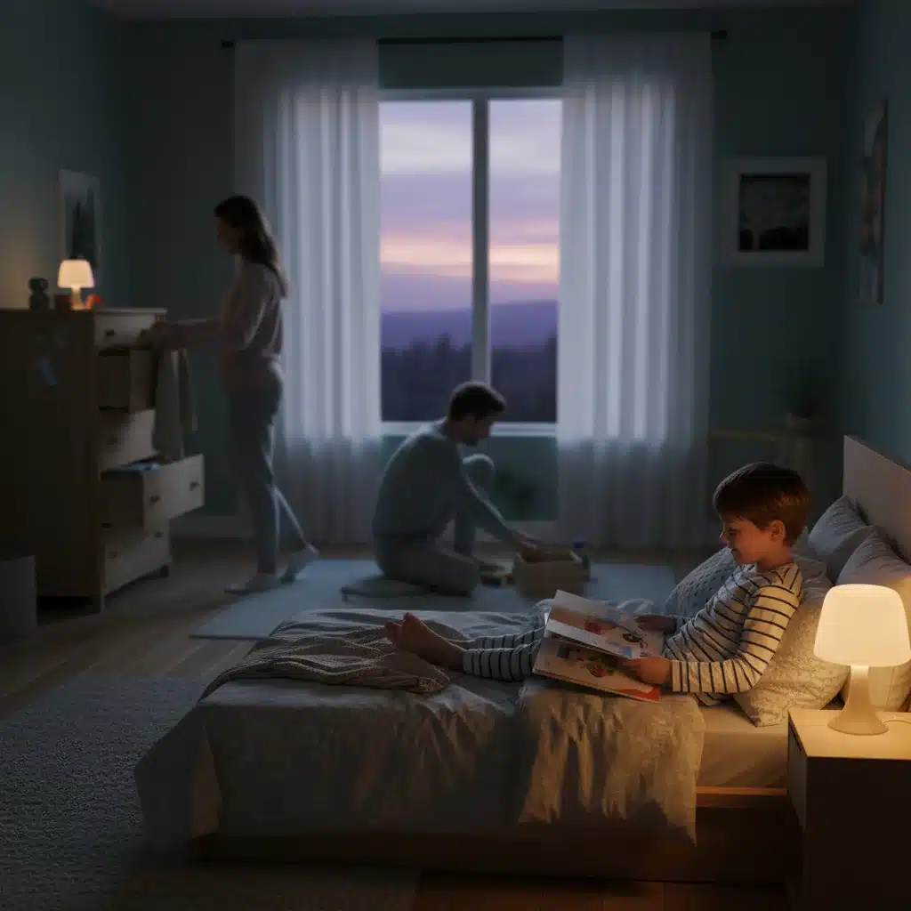 Child reading in bed during a calm evening routine, promoting healthy sleep habits.