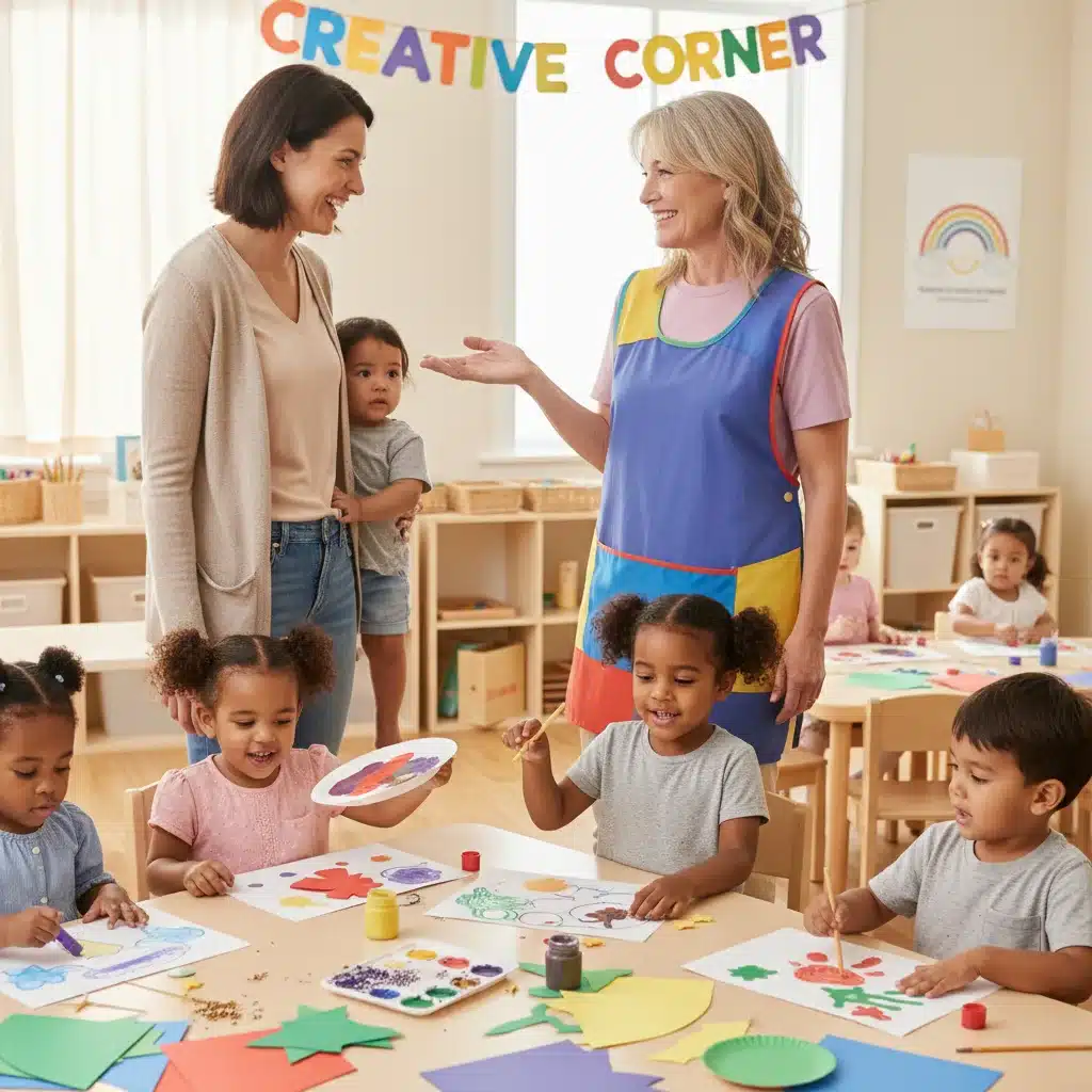 Parent speaking with childcare provider during a tour, children doing art.