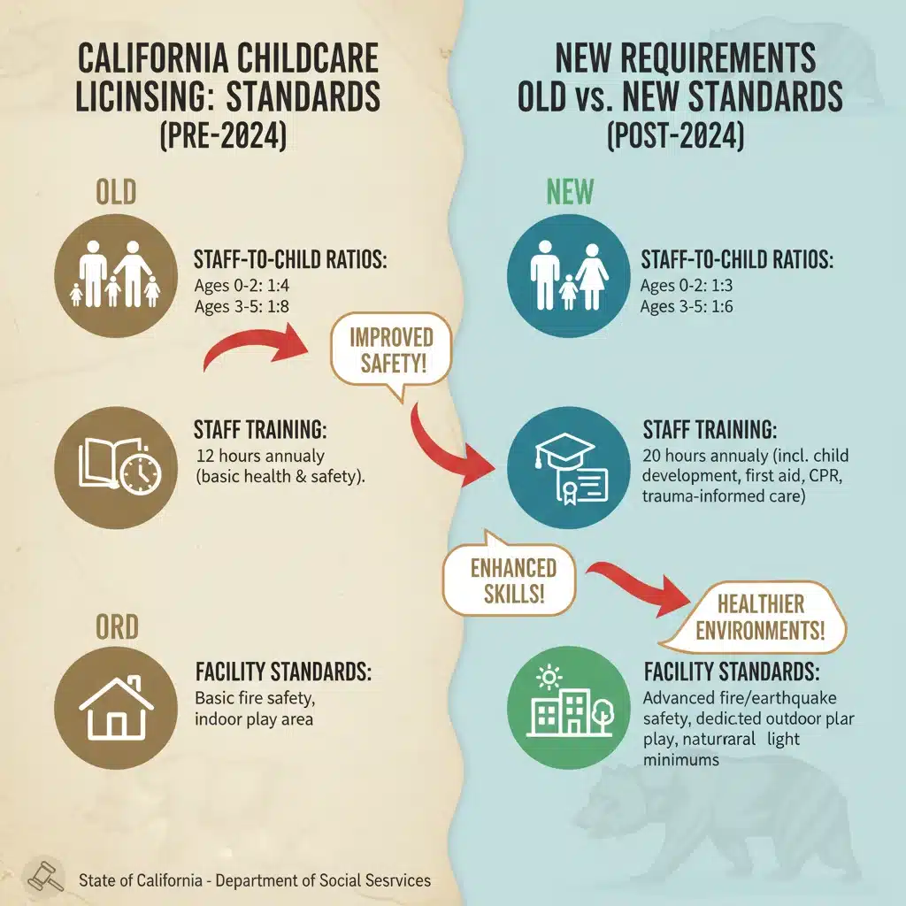 Infographic comparing old and new childcare licensing requirements