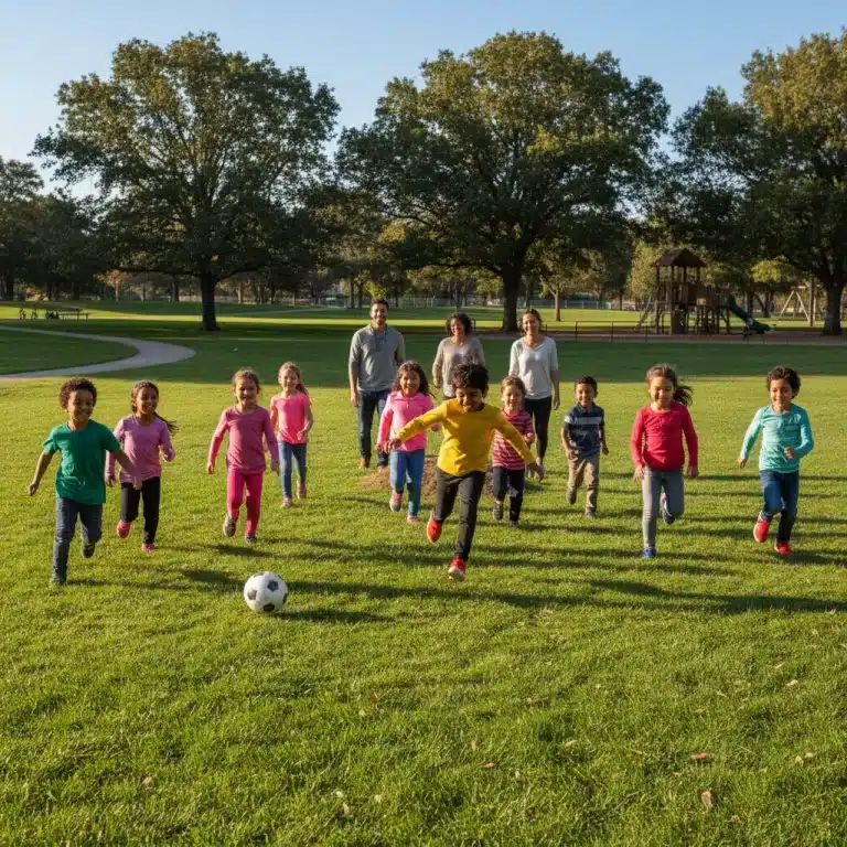 Children playing outdoors, emphasizing active lifestyle and healthy choices.