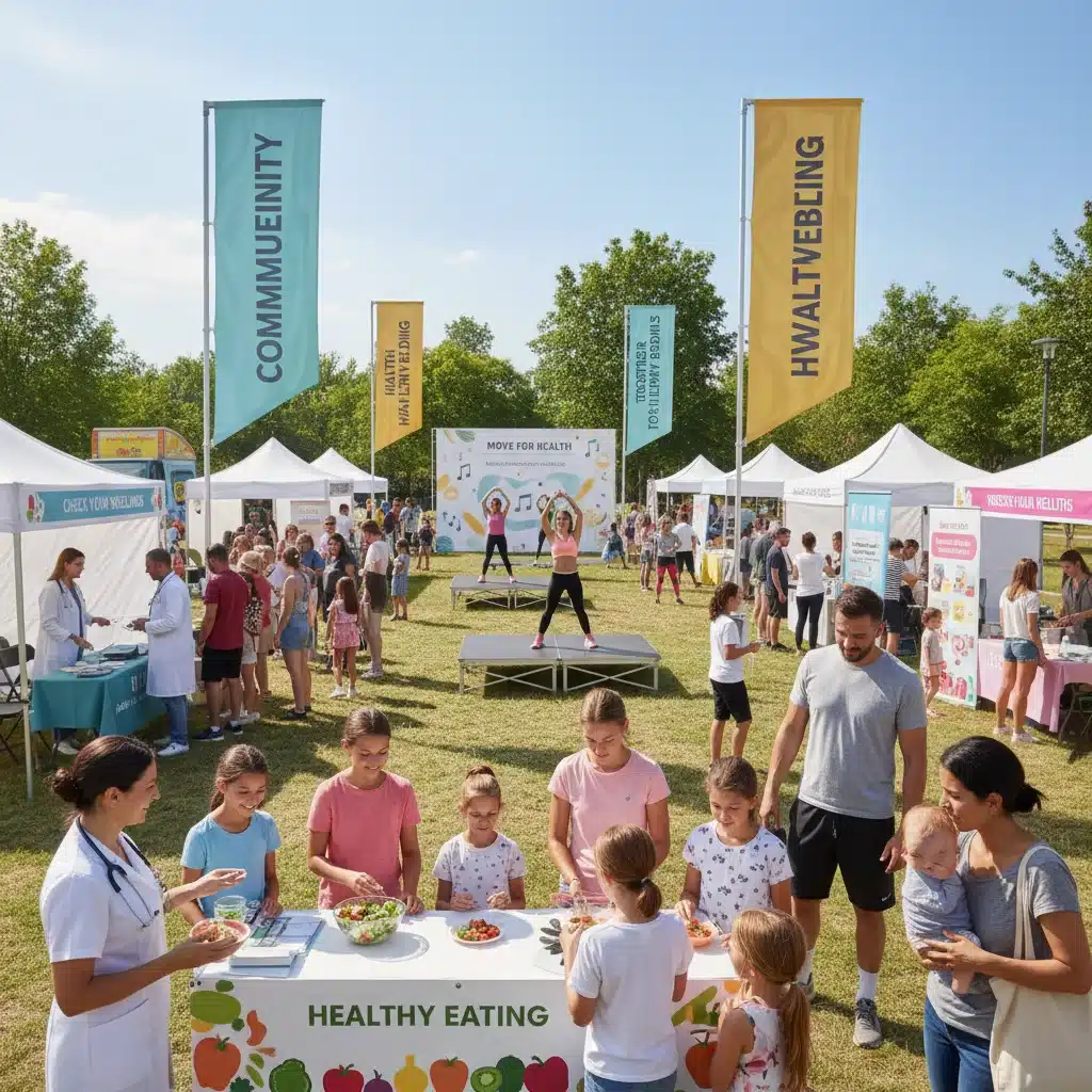 Community health fair promoting wellness and healthy living for all ages.