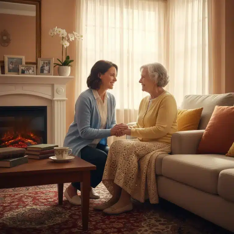 Caregiver holding hand of elderly care recipient, symbolizing trust and compassionate communication.