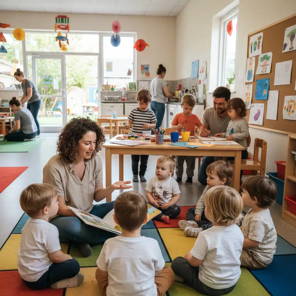 Parents and children interacting in a co-operative childcare environment