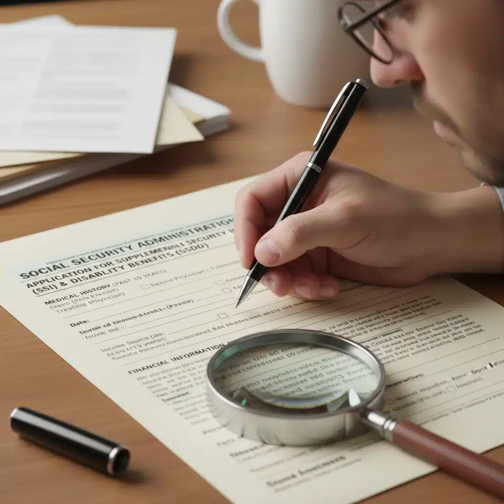 Hand filling out SSI SSDI application form