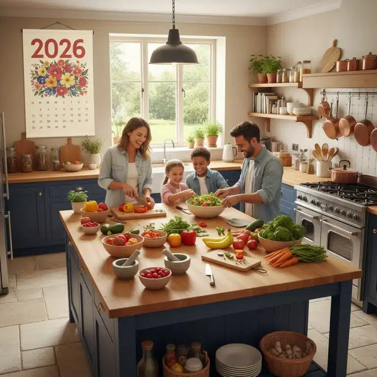 Happy family cooking healthy meal together in a modern kitchen, symbolizing family nutrition 2026.