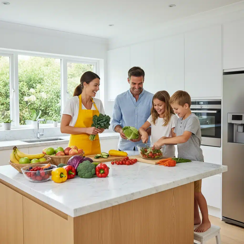Family preparing healthy meal together in kitchen, promoting nutrition.