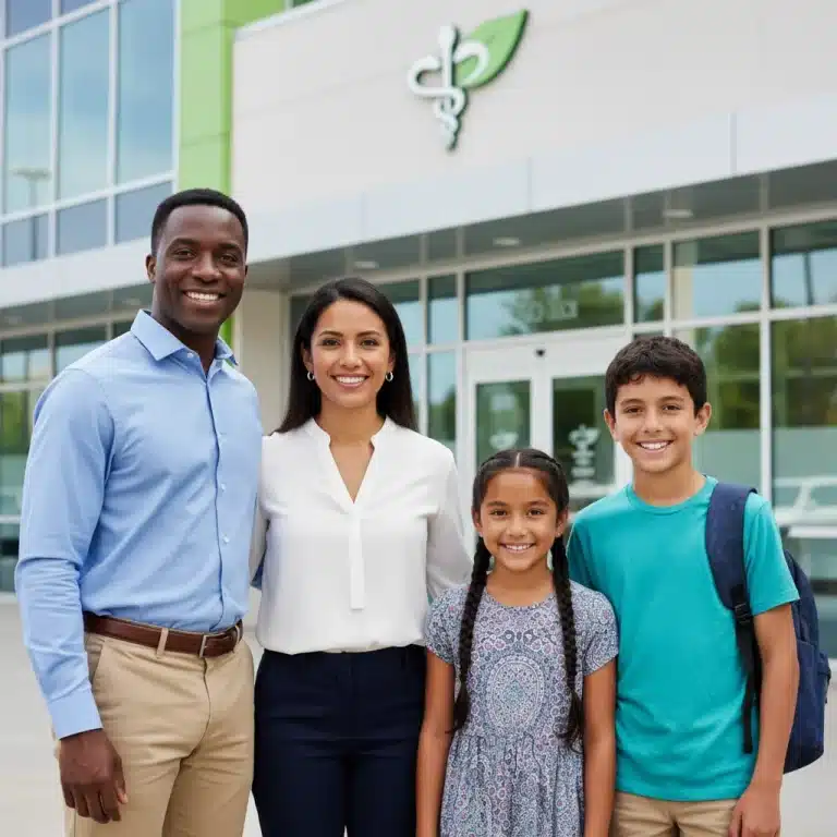 Happy family discussing vaccination schedule with their doctor in 2026