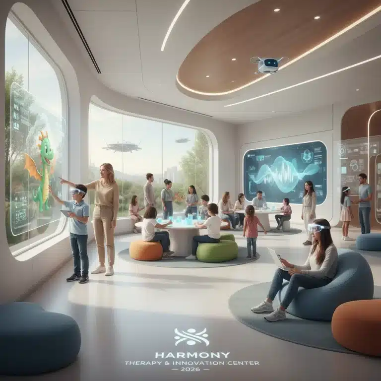 Parents and children interact in a modern behavioral therapy center, symbolizing future care trends.