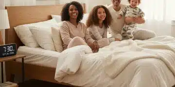 Happy American family well-rested in a cozy bedroom, promoting good sleep hygiene.