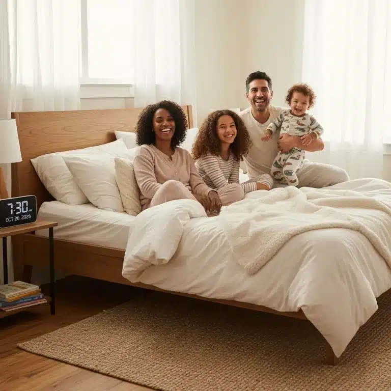 Happy American family well-rested in a cozy bedroom, promoting good sleep hygiene.