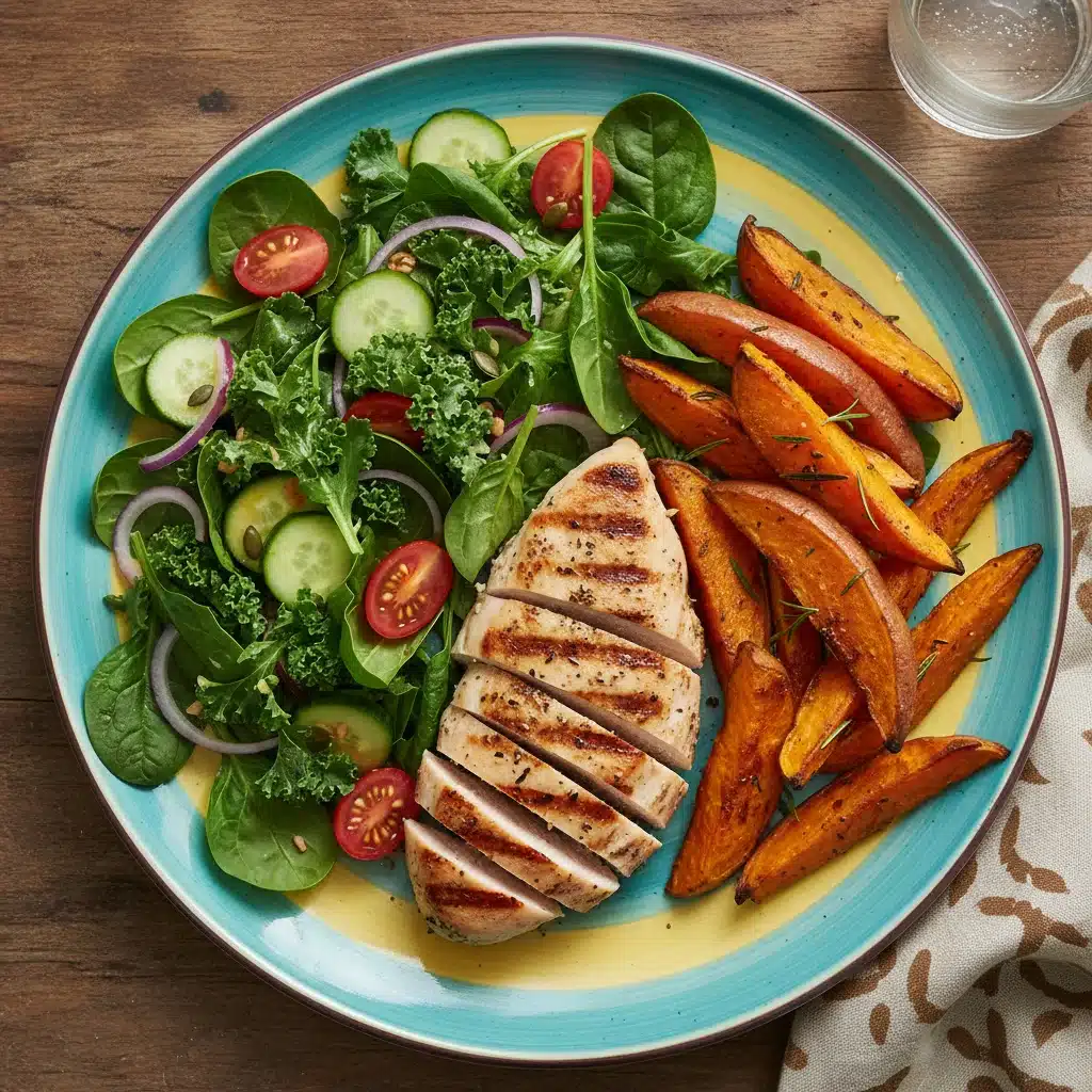 Balanced and healthy dinner plate with chicken, sweet potatoes, and salad.